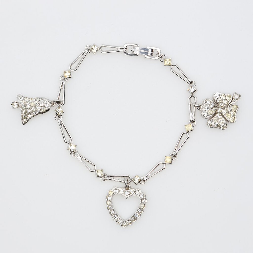 Vintage Engel Brothers Sterling Rhinestone Charm Bracelet Heart Clover Bell 1940